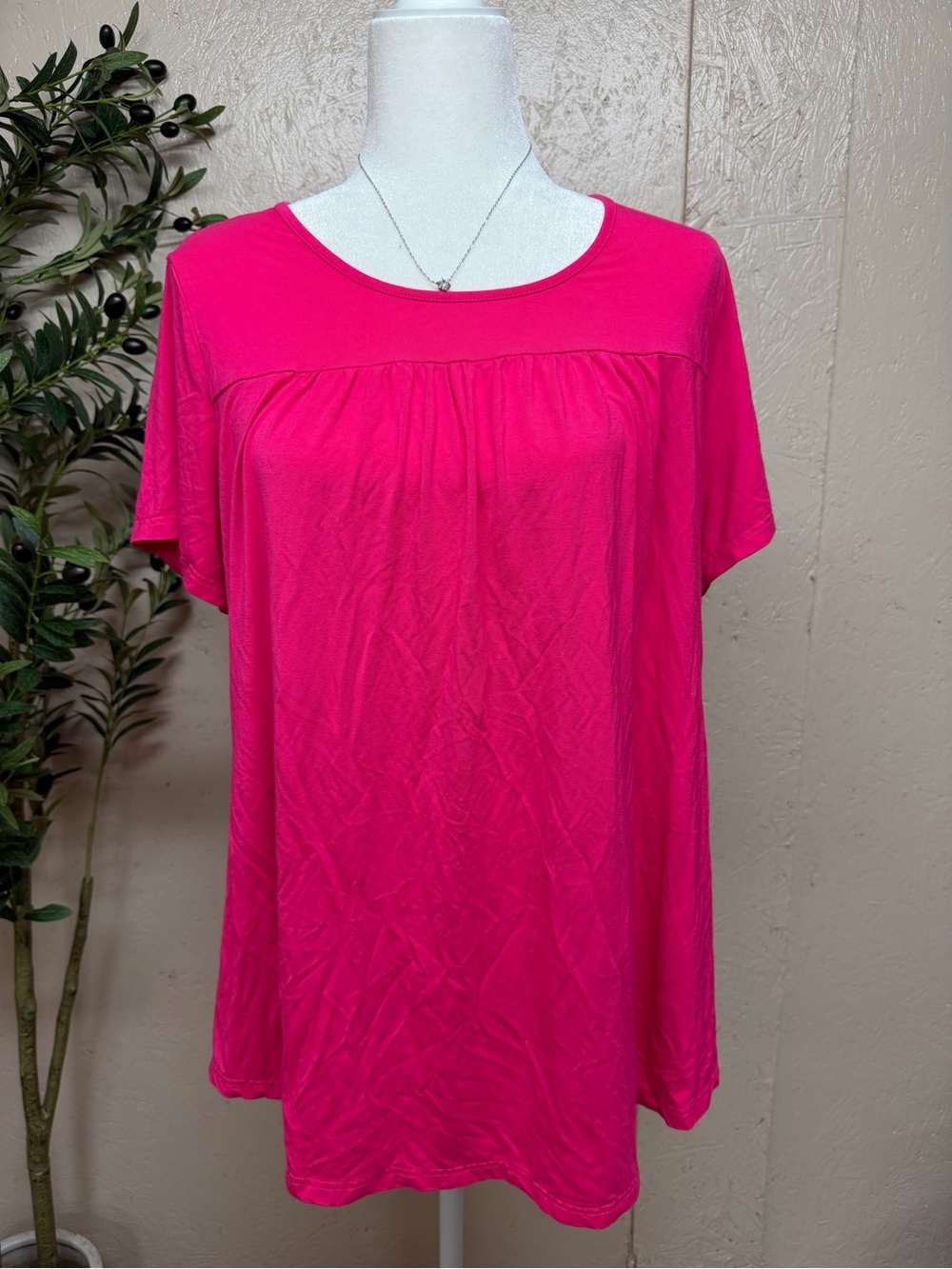 Gathered Yoke Tee - Hot Pink